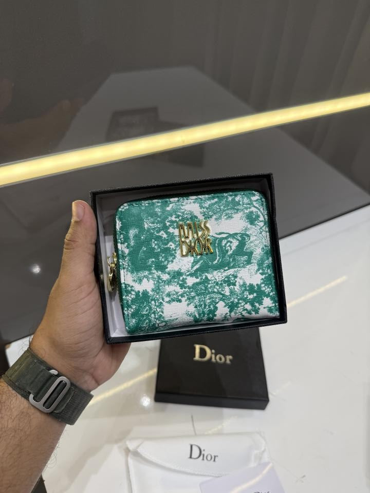 MISS DIO.R GREEN ZIP-AROUND PREMIUM WALLET TOILE DE JOUY WITH OG BOX