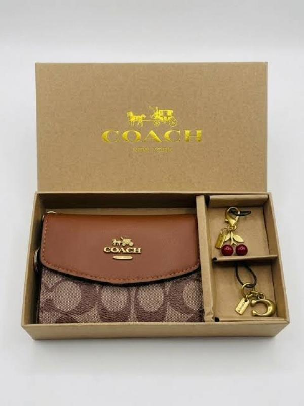 COAC.H BROWN SIGNATURE WALLET GIFT SET CHERRY CHARMS WITH OG BOX