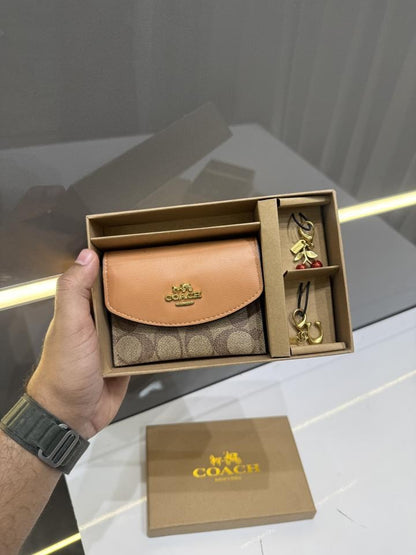 COAC.H BROWN SIGNATURE WALLET GIFT SET CHERRY CHARMS WITH OG BOX