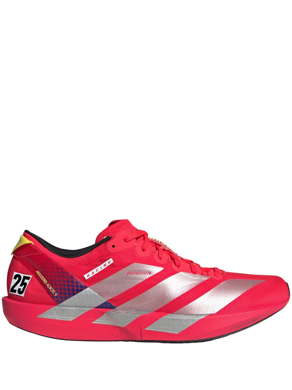 Adizero Adios 9 running shoe in the Lucid Red colorway.
