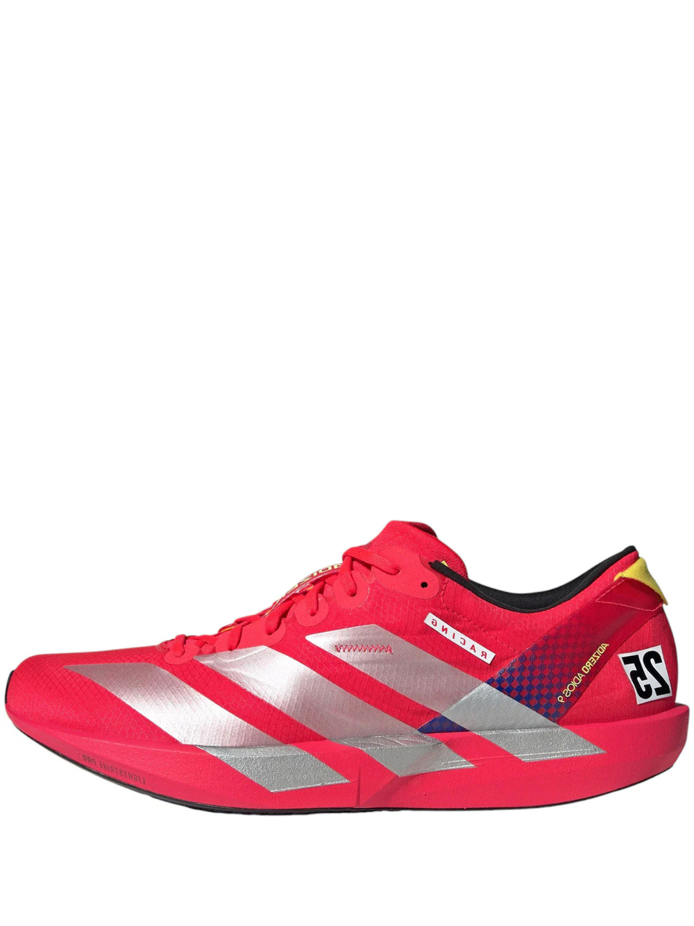 Adizero Adios 9 running shoe in the Lucid Red colorway.